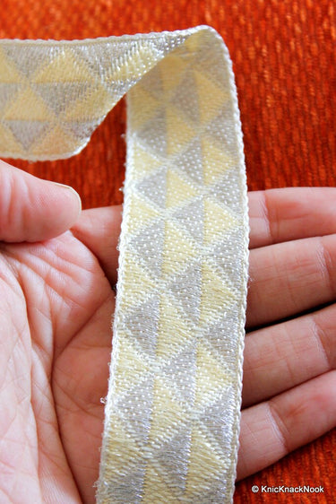 Wholesale Silver And Beige Woven Jacquard Trim, Approx. 32 mm Trim By 9 Yards Costume Trim Sari Border, Indian Craft Ribbon